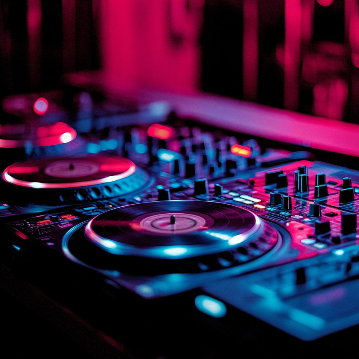 DJ controller and mixer lit in pink and blue at an event