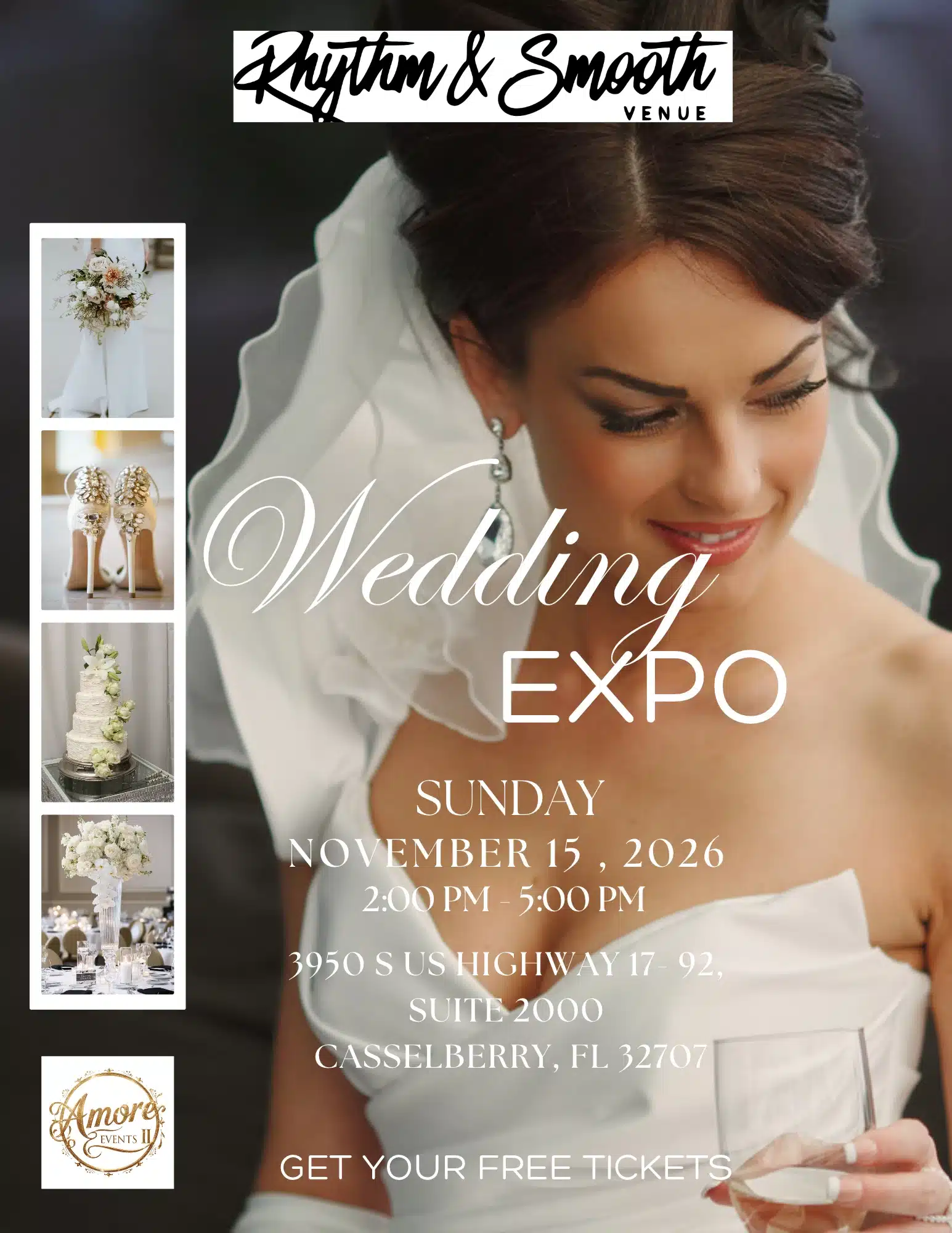 Rhythm & Smooth Wedding Expo flyer: Sunday, November 15, 2026, 2:00–5:00 PM, 3950 S US Highway 17-92, Suite 2000, Casselberry, FL 32707, free tickets, presented with Amore Events II